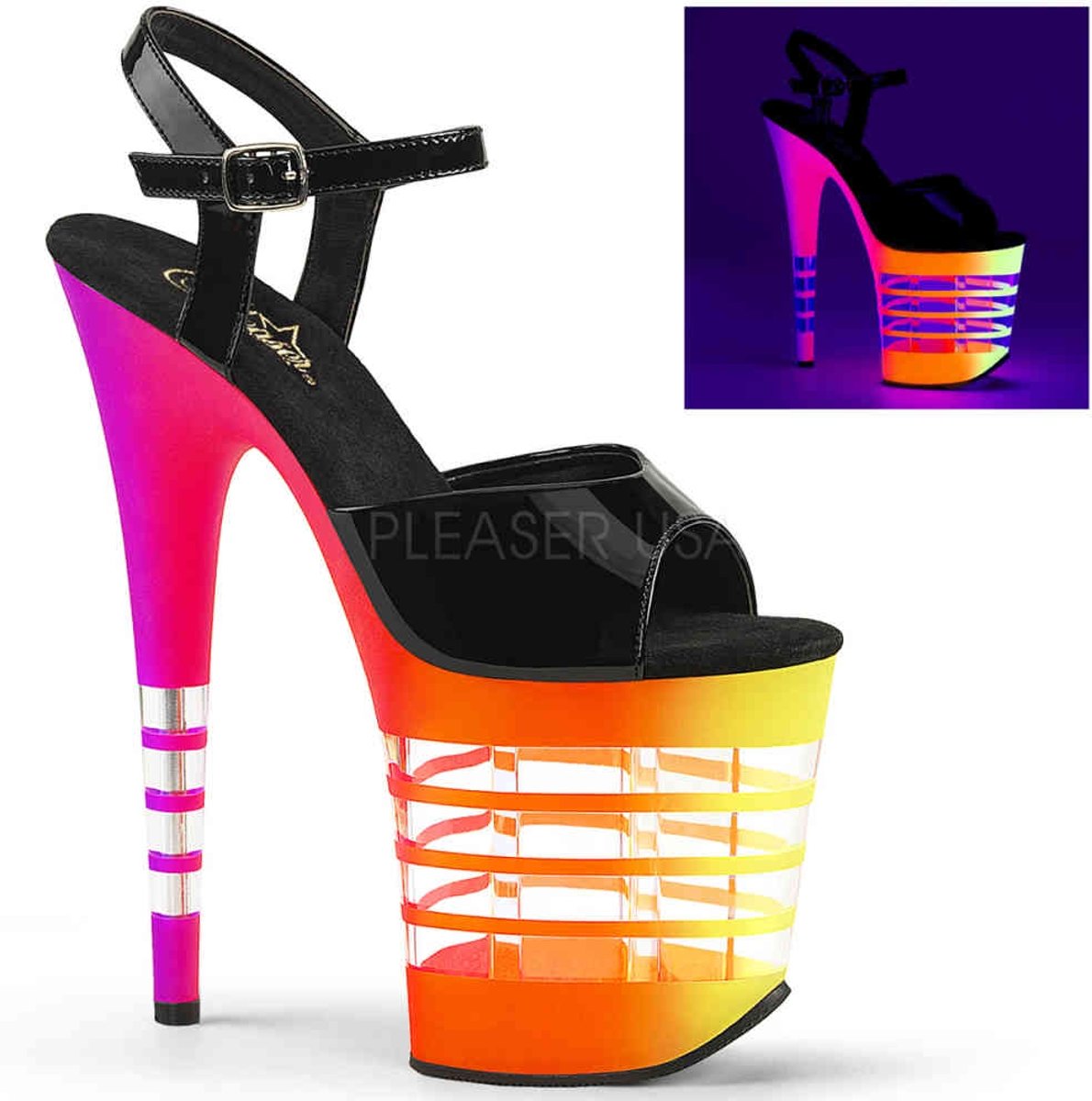 EU 36 = US 6 | FLAMINGO-809UVLN | 8 Heel, 4 Lined PF Ankle Strap Sandal W/Neon UV Reactive B